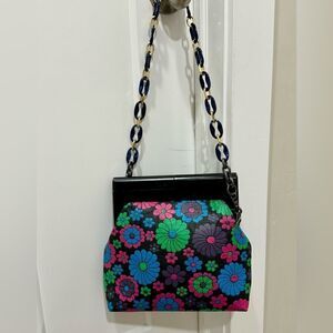Chic Wood Frame & Leather Floral Print Clutch/Shoulder Bag/Crossbody